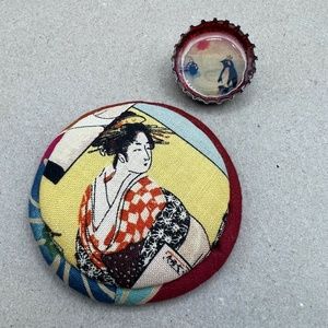 Vintage Japanese Fabric and Hand-painted Bud Light Brooches